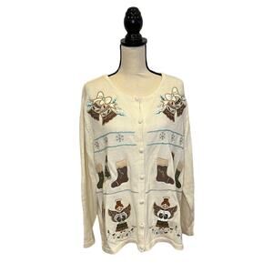 Vintage Bechamel Not Ugly Christmas Cardigan Sweater White Angels Stockings 2XL